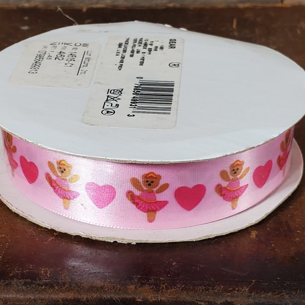Offray Woven RIbbon - Pink Hearts and Bears in Tutu's. 10 yrds x 7/8 inch